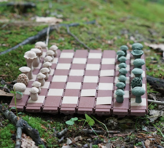 Forest Log Chess Set - Mushroom Pieces & Roll-Up Board