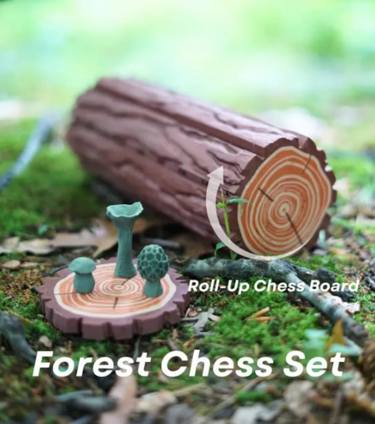 Forest Log Chess Set - Mushroom Pieces & Roll-Up Board