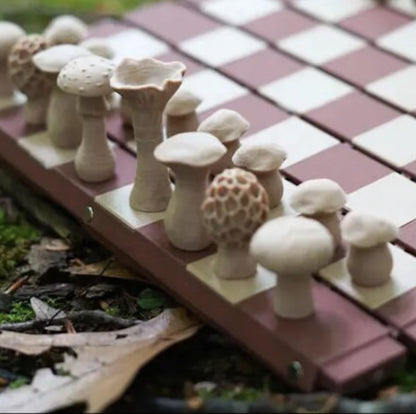 Forest Log Chess Set - Mushroom Pieces & Roll-Up Board
