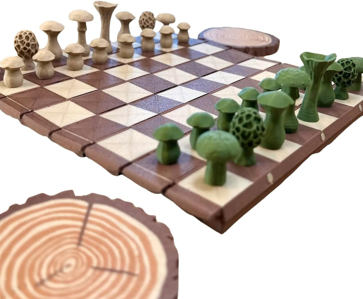 Forest Log Chess Set - Mushroom Pieces & Roll-Up Board