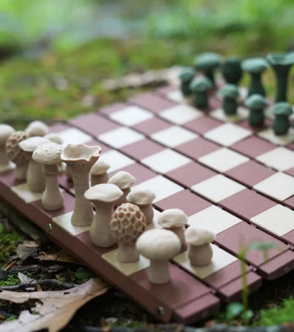 Forest Log Chess Set - Mushroom Pieces & Roll-Up Board