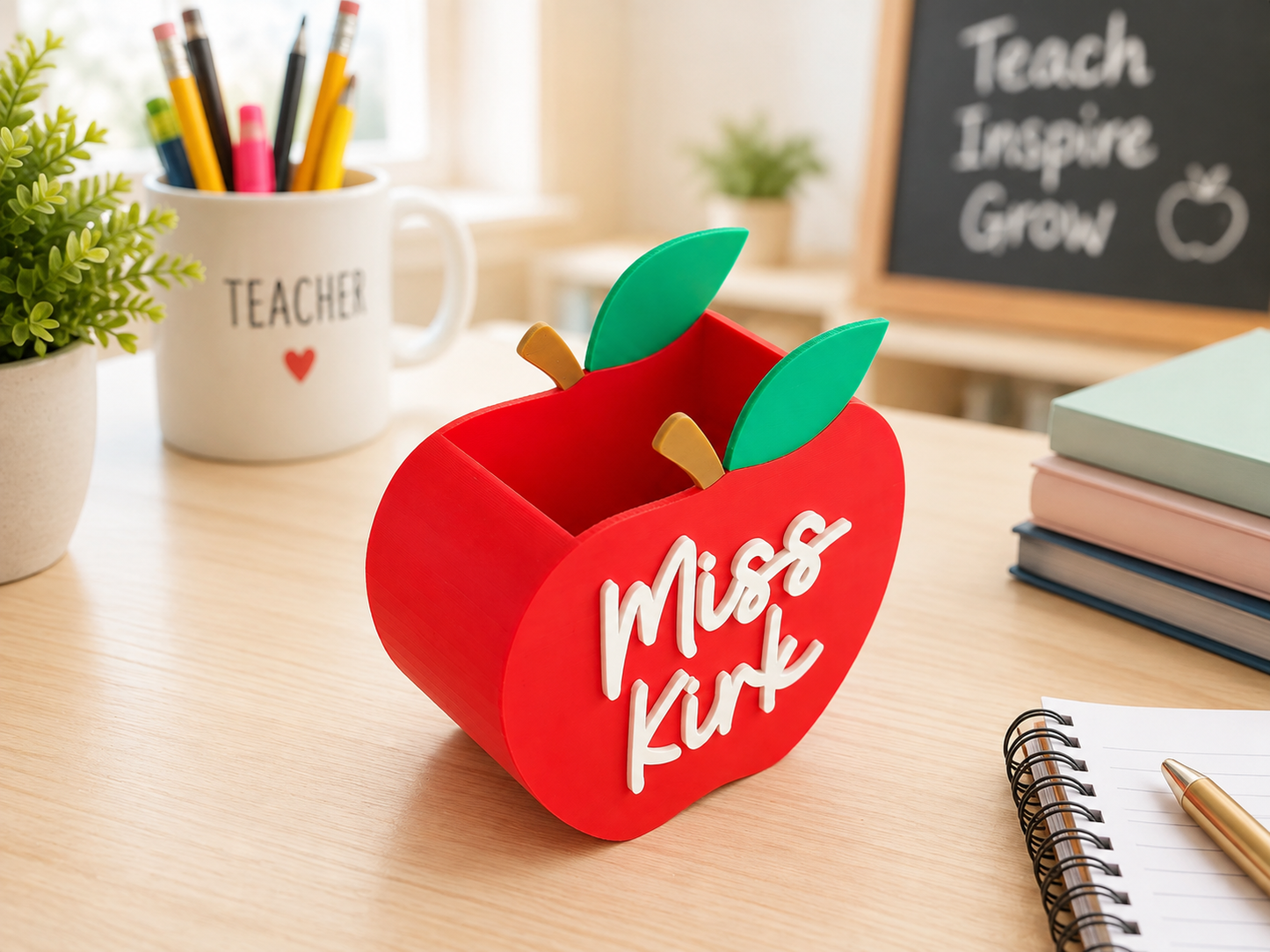 Personalized Apple Shaped Pencil Pen Holder | Custom Teacher Name Desk Organizer | Pencil Cup for Classroom, Teacher Desk