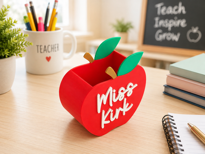 Personalized Apple Shaped Pencil Pen Holder | Custom Teacher Name Desk Organizer | Pencil Cup for Classroom, Teacher Desk