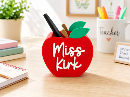 Personalized Apple Shaped Pencil Pen Holder | Custom Teacher Name Desk Organizer | Pencil Cup for Classroom, Teacher Desk