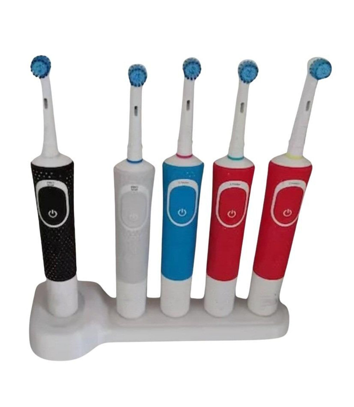 Oral-B stand holding five electric toothbrushes