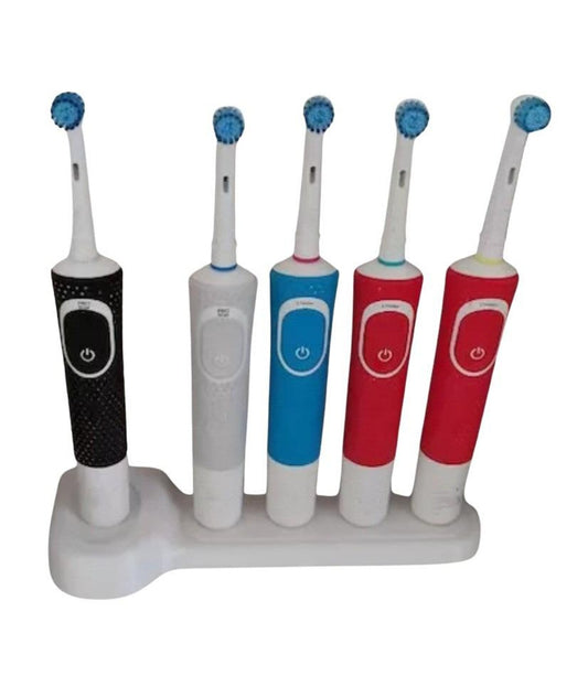 Oral-B stand holding five electric toothbrushes