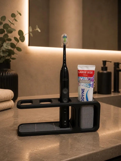 Toothbrush stand with drain tray and toothpaste compartment