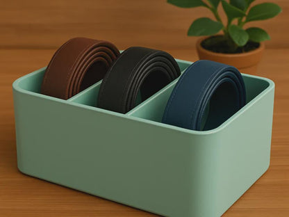 Modern three-slot rolled belt organizer