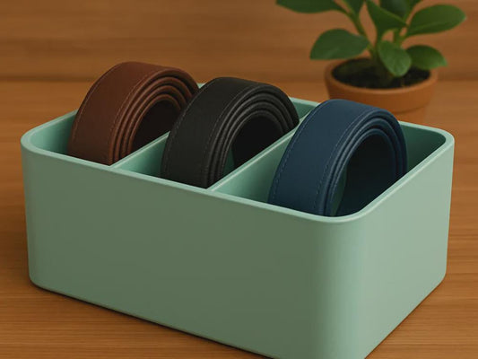 Modern three-slot rolled belt organizer