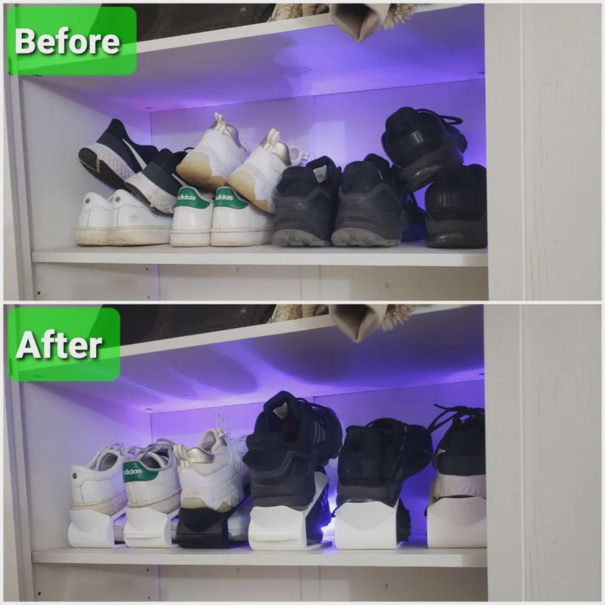 Shoe stacker separating a pair on a closet shelf