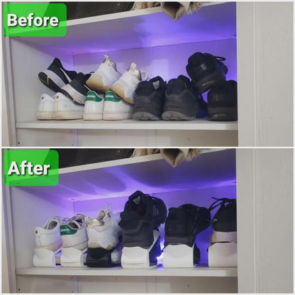 Shoe stacker separating a pair on a closet shelf