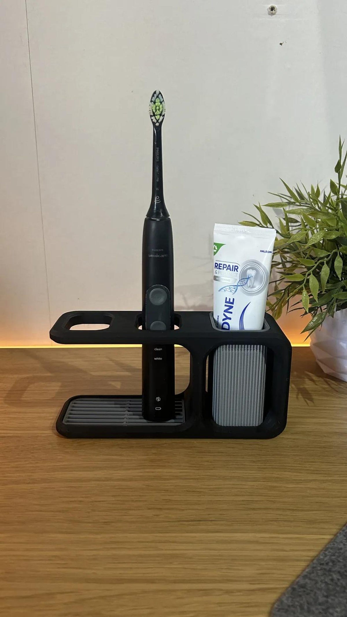 Bathroom organizer with electric toothbrush and toothpaste