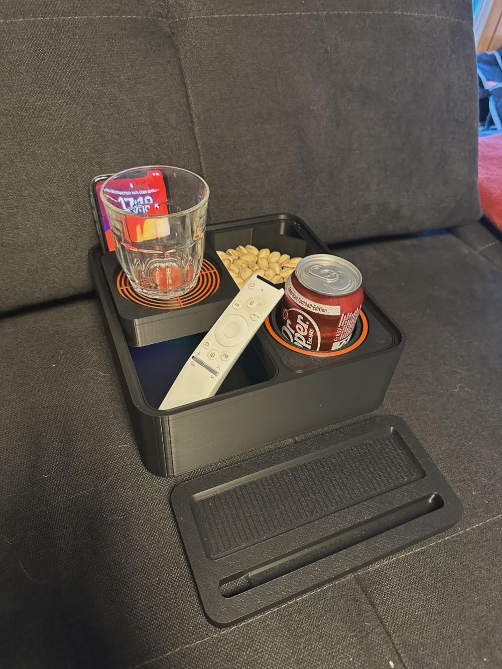 Phone snack caddy with removable tray and cup holders