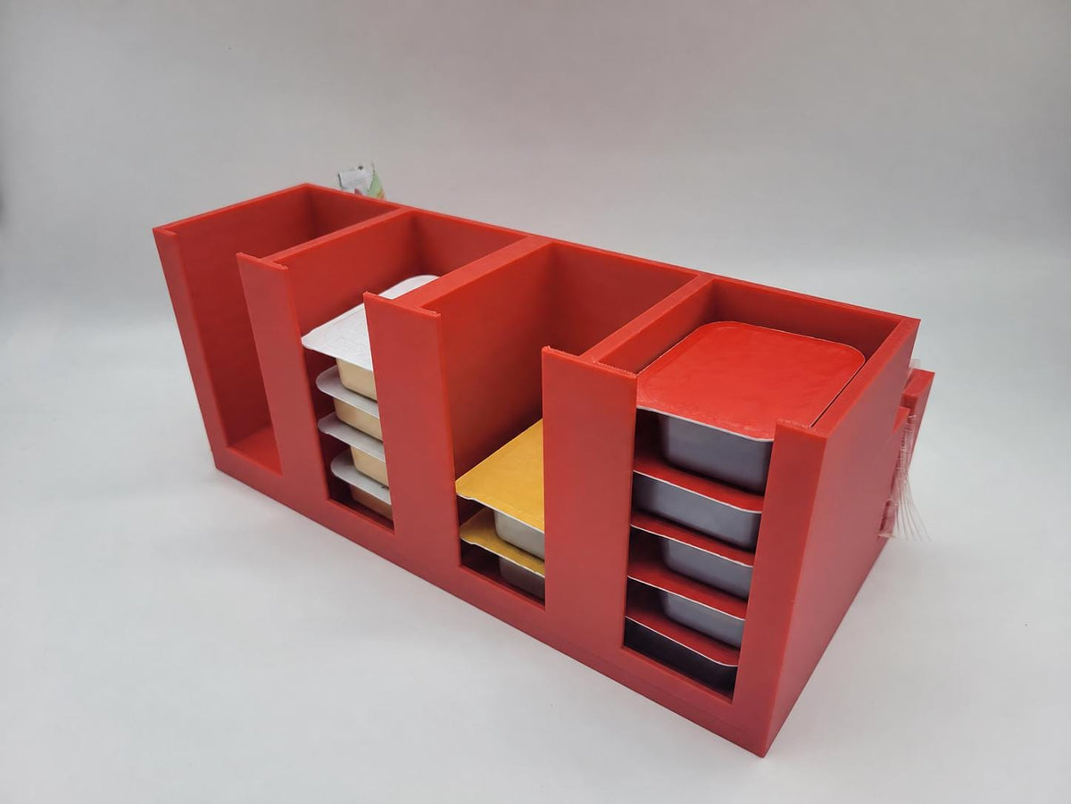Four-compartment sauce packet organizer front view
