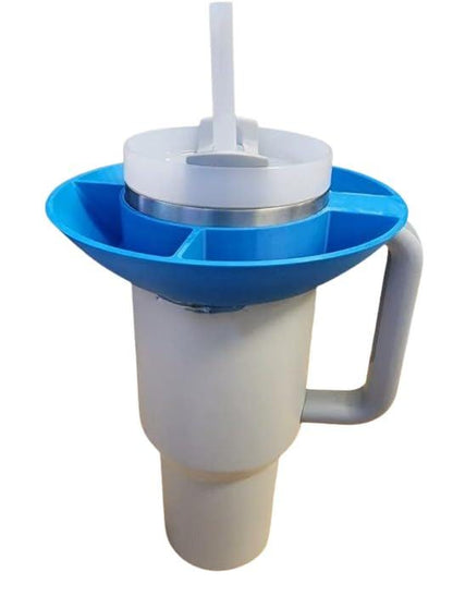 Low-profile four-compartment snack caddy on a 30 oz tumbler