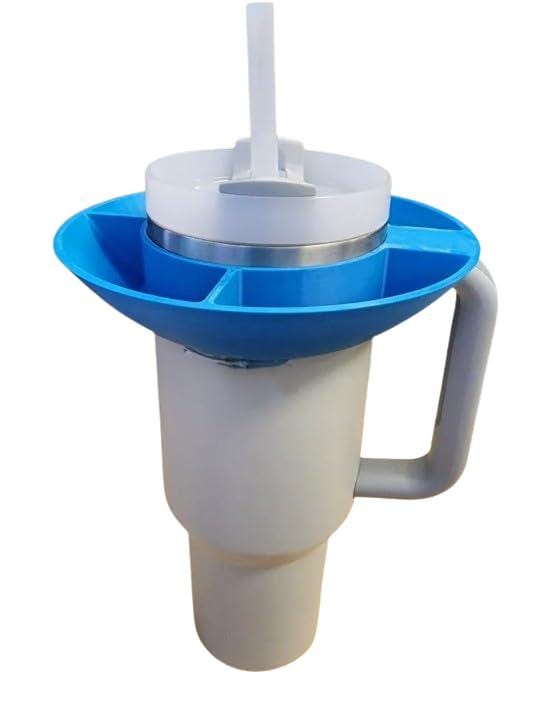 Low-profile four-compartment snack caddy on a 30 oz tumbler