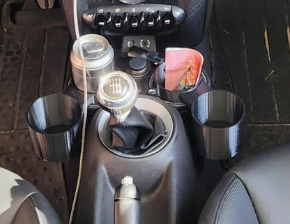 Mini Cooper cup holder extender installed in a front console